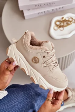 Ocieplane Buty Sportowe Damskie Sznurowane Na Platformie Beżowe Bialoa