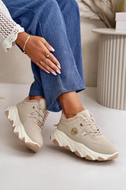 Ocieplane Buty Sportowe Damskie Sznurowane Na Platformie Beżowe Bialoa