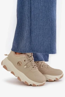 Ocieplane Buty Sportowe Damskie Sznurowane Na Platformie Beżowe Bialoa