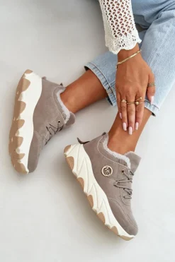 Ocieplane Buty Sportowe Damskie Sznurowane Na Platformie Szare Bialoa