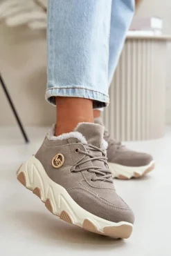 Ocieplane Buty Sportowe Damskie Sznurowane Na Platformie Szare Bialoa