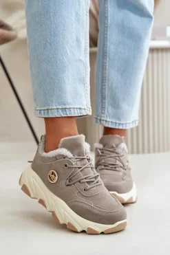 Ocieplane Buty Sportowe Damskie Sznurowane Na Platformie Szare Bialoa