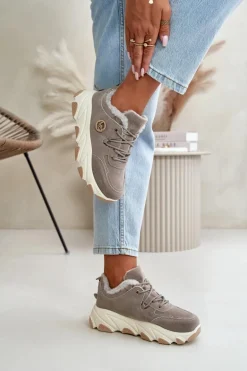 Ocieplane Buty Sportowe Damskie Sznurowane Na Platformie Szare Bialoa