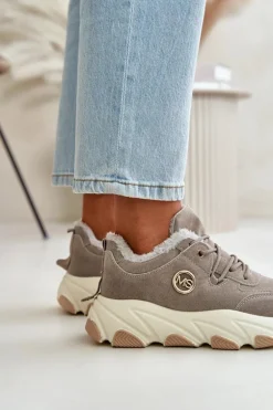 Ocieplane Buty Sportowe Damskie Sznurowane Na Platformie Szare Bialoa