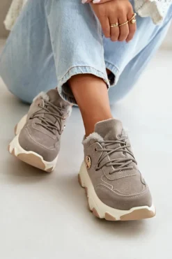 Ocieplane Buty Sportowe Damskie Sznurowane Na Platformie Szare Bialoa