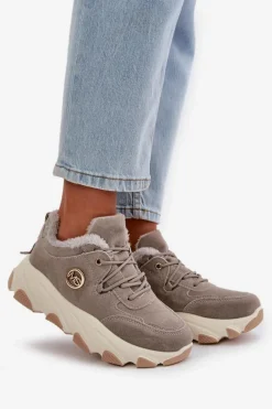 Ocieplane Buty Sportowe Damskie Sznurowane Na Platformie Szare Bialoa