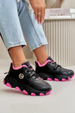 Ocieplane Buty Sportowe Damskie Sznurowane Na Platformie Czarne Bialoa