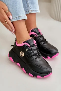 Ocieplane Buty Sportowe Damskie Sznurowane Na Platformie Czarne Bialoa