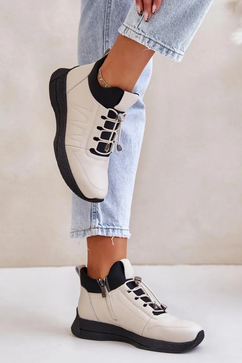 Ocieplane Buty Sportowe Skórzane Na Zamek Artiker 55C0038 Beżowe