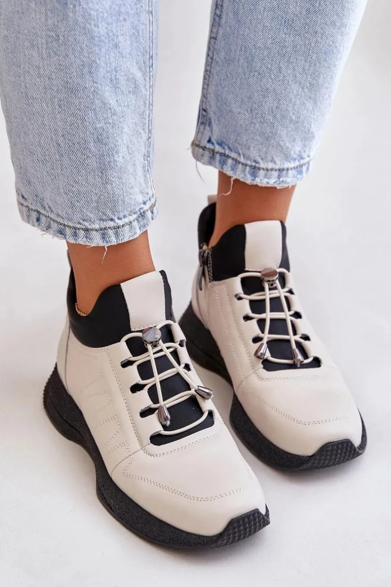 Ocieplane Buty Sportowe Skórzane Na Zamek Artiker 55C0038 Beżowe