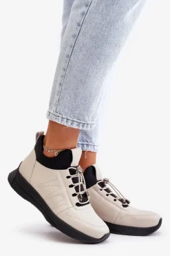 Ocieplane Buty Sportowe Skórzane Na Zamek Artiker 55C0038 Beżowe