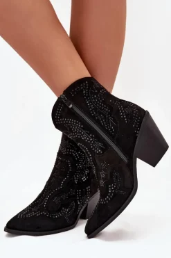 Ocieplane Damskie Botki Kowbojki Ze Zdobieniem Czarne Lelira