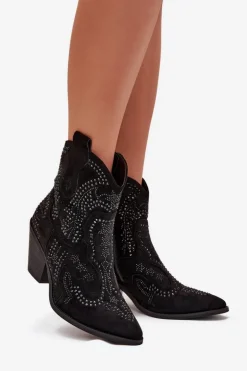 Ocieplane Damskie Botki Kowbojki Ze Zdobieniem Czarne Lelira