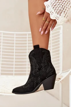 Ocieplane Damskie Botki Kowbojki Ze Zdobieniem Czarne Lelira