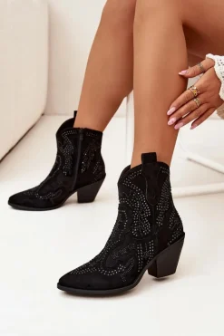 Ocieplane Damskie Botki Kowbojki Ze Zdobieniem Czarne Lelira