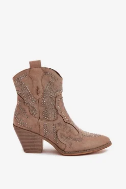 Ocieplane Damskie Botki Kowbojki Ze Zdobieniem Beżowe Lelira
