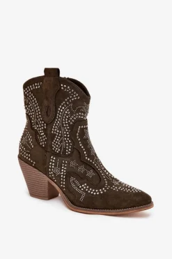 Ocieplane Damskie Botki Kowbojki Ze Zdobieniem Ciemnozielone Lelira