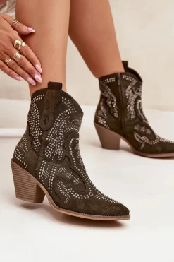 Ocieplane Damskie Botki Kowbojki Ze Zdobieniem Ciemnozielone Lelira