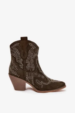 Ocieplane Damskie Botki Kowbojki Ze Zdobieniem Ciemnozielone Lelira