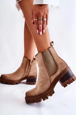 Ocieplane Damskie Botki Na Suwak Beżowe Lenaris