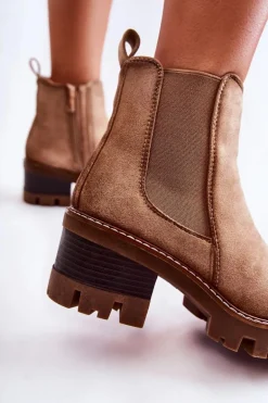 Ocieplane Damskie Botki Na Suwak Beżowe Lenaris