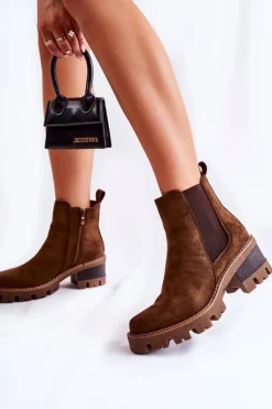 Ocieplane Damskie Botki Na Suwak Brązowe Lenaris