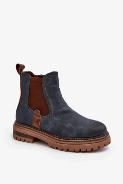 Ocieplane Damskie Botki Sztyblety Na Płaskim Obcasie Niebieskie Myrine