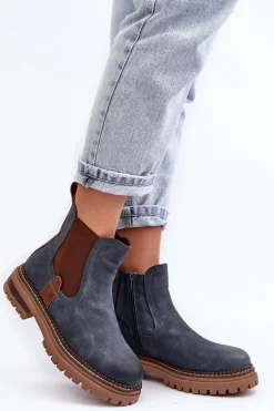 Ocieplane Damskie Botki Sztyblety Na Płaskim Obcasie Niebieskie Myrine