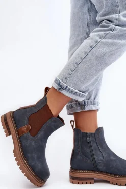 Ocieplane Damskie Botki Sztyblety Na Płaskim Obcasie Niebieskie Myrine