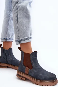 Ocieplane Damskie Botki Sztyblety Na Płaskim Obcasie Niebieskie Myrine