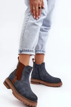 Ocieplane Damskie Botki Sztyblety Na Płaskim Obcasie Niebieskie Myrine