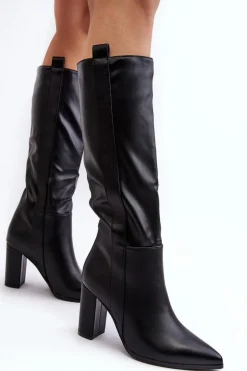 Ocieplane Damskie Kozaki Przed Kolano Na Słupku Czarne Genzani