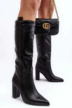 Ocieplane Damskie Kozaki Przed Kolano Na Słupku Czarne Genzani