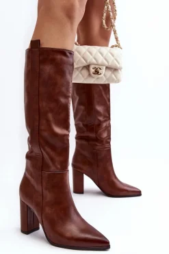 Ocieplane Damskie Kozaki Przed Kolano Na Słupku Brązowe Genzani