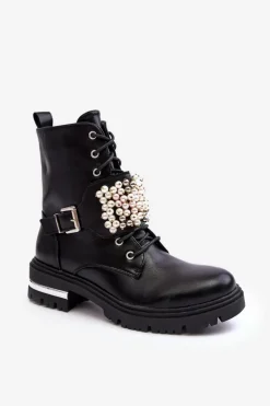 Ocieplane Damskie Workery Botki Zdobione Czarne Venizi