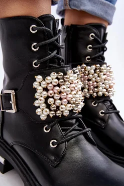 Ocieplane Damskie Workery Botki Zdobione Czarne Venizi