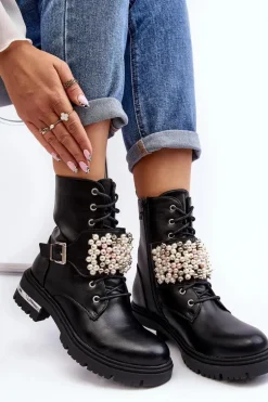 Ocieplane Damskie Workery Botki Zdobione Czarne Venizi