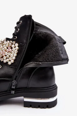 Ocieplane Damskie Workery Botki Zdobione Czarne Venizi