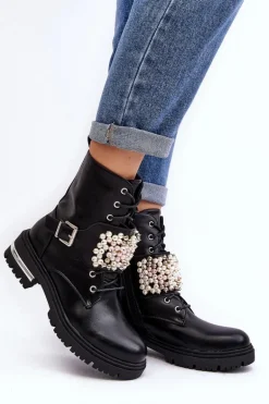 Ocieplane Damskie Workery Botki Zdobione Czarne Venizi