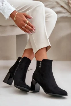 Ocieplane Eko Zamszowe Botki Damskie Na Słupku Zapinane Na Zamek Czarne Erillia