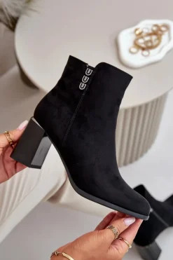 Ocieplane Eko Zamszowe Botki Damskie Na Słupku Zapinane Na Zamek Czarne Erillia