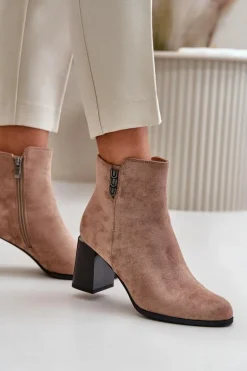 Ocieplane Eko Zamszowe Botki Damskie Na Słupku Zapinane Na Zamek Brązowe Erillia