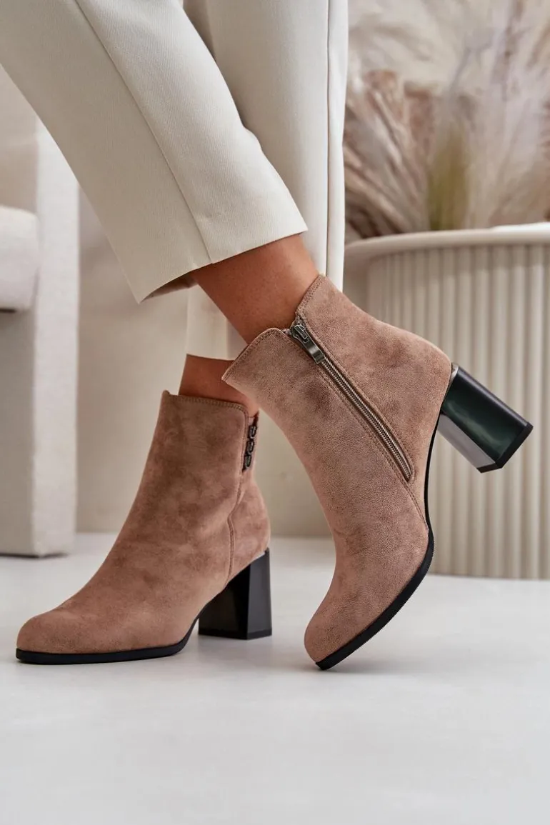 Ocieplane Eko Zamszowe Botki Damskie Na Słupku Zapinane Na Zamek Brązowe Erillia