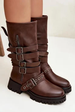 Ocieplane Kozaki Damskie Z Paskami I Klamrami Brązowe Ivaline