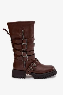 Ocieplane Kozaki Damskie Z Paskami I Klamrami Brązowe Ivaline