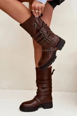 Ocieplane Kozaki Damskie Z Paskami I Klamrami Brązowe Ivaline