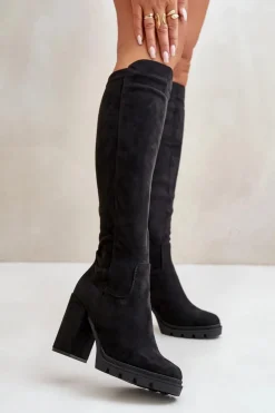 Ocieplane Kozaki Damskie Na Słupku Eko Zamszowe Czarne Tirisha