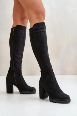 Ocieplane Kozaki Damskie Na Słupku Eko Zamszowe Czarne Tirisha