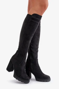 Ocieplane Kozaki Damskie Na Słupku Eko Zamszowe Czarne Tirisha