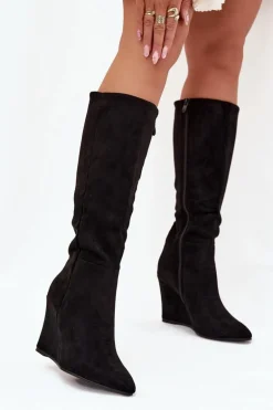 Ocieplane Kozaki Damskie Na Koturnie Czarne Rosina